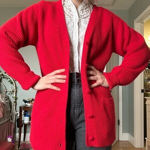 Vintage Women's Red Button-Front Ribbed Cardigan Sweater